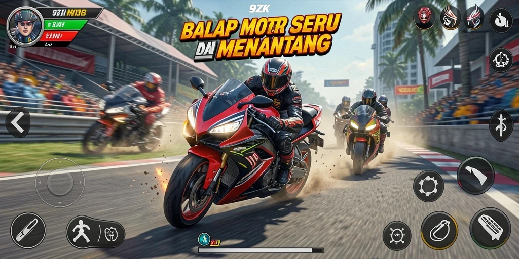 Screenshot gameplay <strong>9ZK</strong> saat balap motor di lintasan malam yang menegangkan.