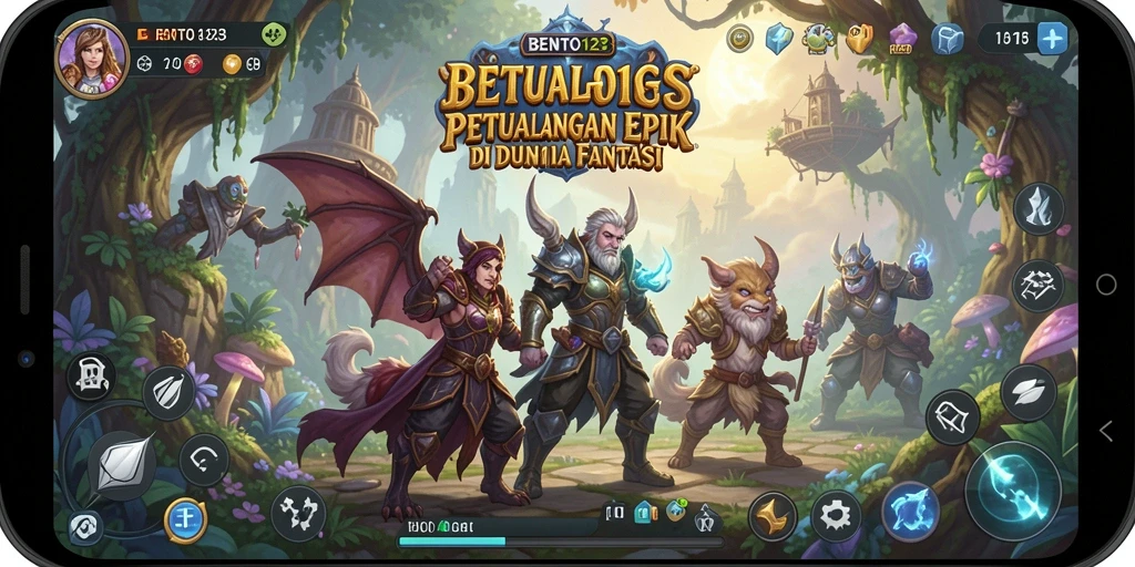 Skrinsut utama gameplay BENTO123 menampilkan pertempuran seru dan eksplorasi dunia.