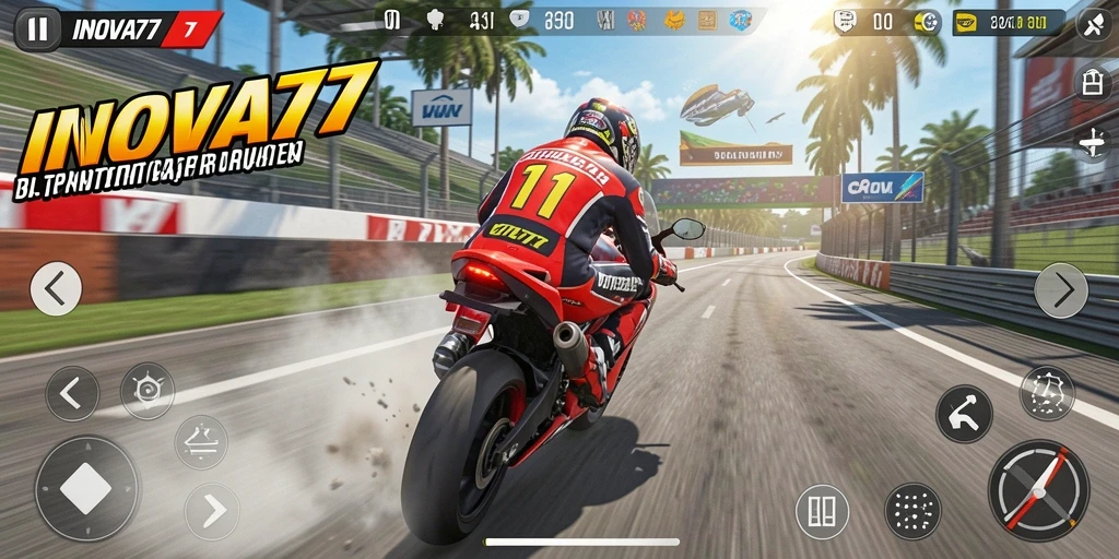 Tampilan gameplay INOVA77 yang menarik dengan balapan motor yang mendebarkan.