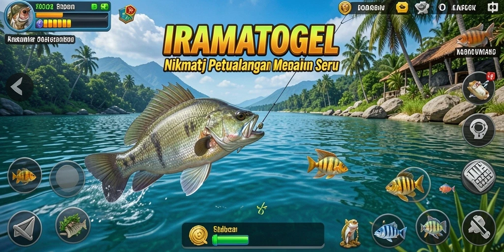 Screenshot gameplay IRAMATOGEL menampilkan aksi memancing yang mendebarkan dan lokasi yang indah.