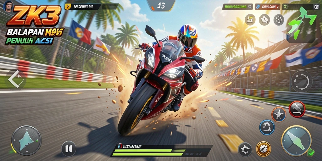 Screenshot ZK3 menampilkan aksi balapan motor yang mendebarkan.